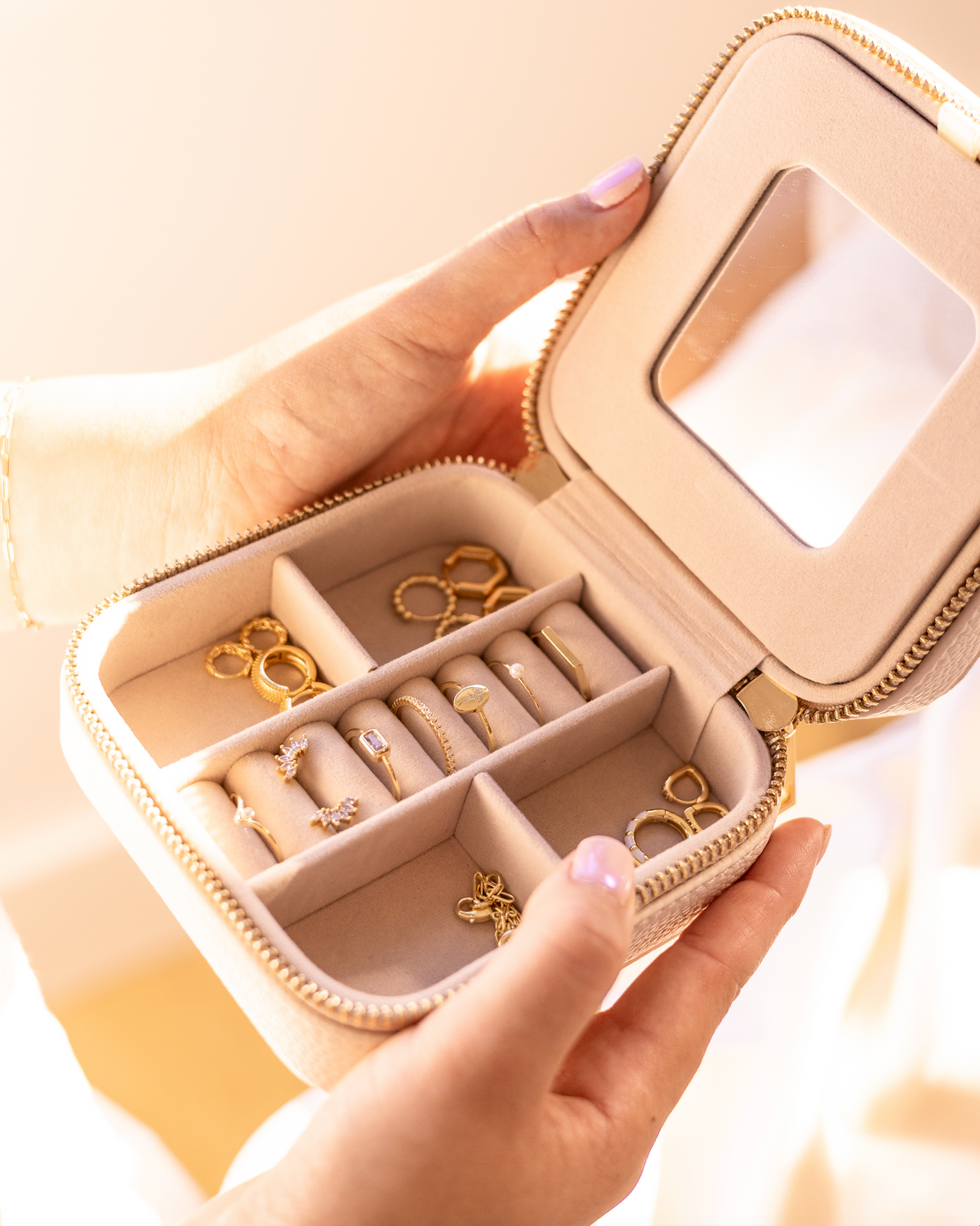 Crafted Living Oval Jewelry Travel Case - Beige Faux Leather Box With Mirror & Dust Bag - View #2